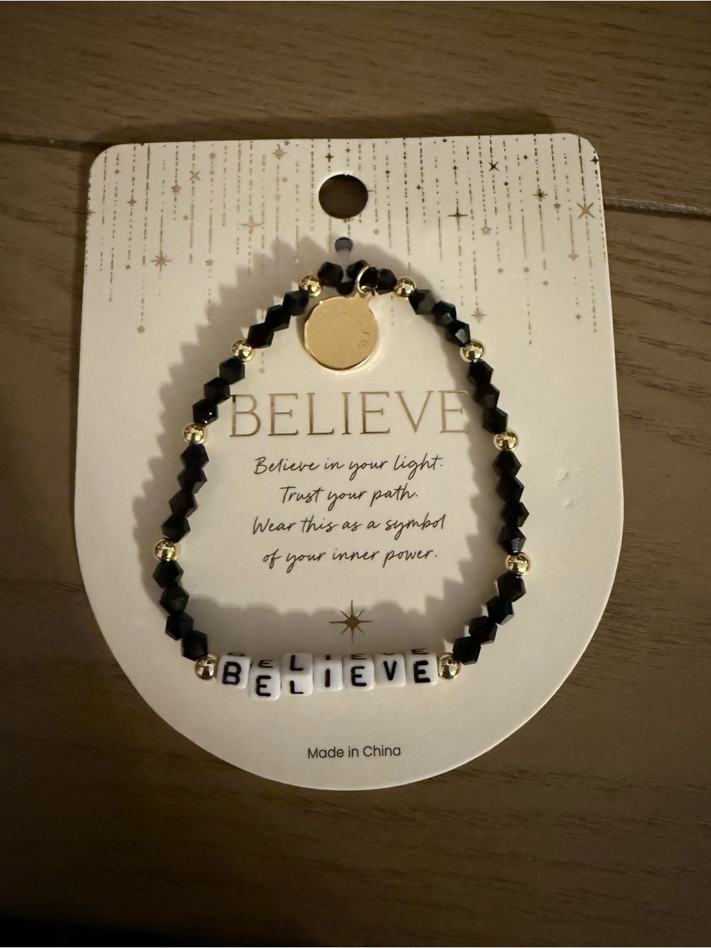 BELIEVE Black and Gold Beaded Inspirational Bracelet
